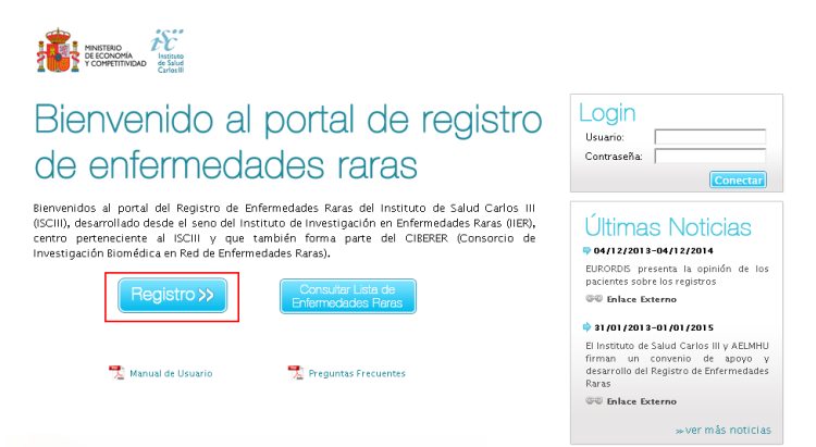 Web del Registro de pacientes Instituto Carlos III